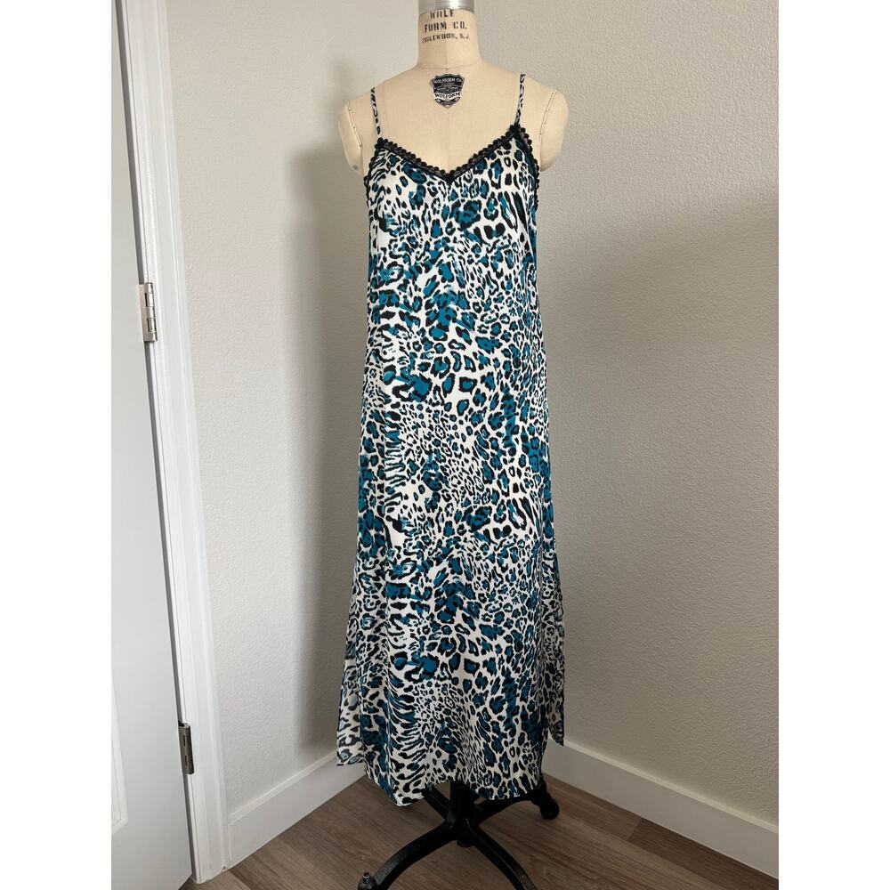 The Kooples | NWT Blue Cheetah Print 100% Silk Slip Midi Dress Size 0/XS